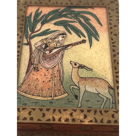 Handcrafted Wooden Jewelry/Trinket Box Glass Gemstone Painting & Brass Border - Picture 7 of 9